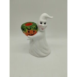 Ceramic Ghost Holding A Pumpkin Candlestick Holder Halloween Spooky Cute 5.5"
